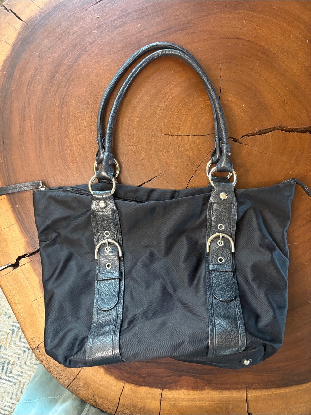 Talbots Black Nylon & Leather Trim Shoulder Bag Tote Classic Everyday